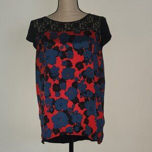 Kensie Cap Sleeve Lace Top – Large – Black/Red/Blue